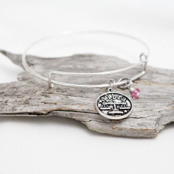 October Libra Adjustable Charm Bangle - Handmade Zodiac Bracelet - Picture 2 of 13